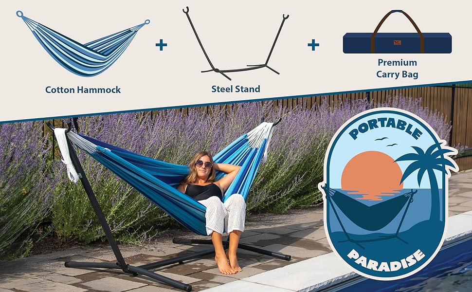 Combo contents: cotton hammock, steel stand, premium carry bag. portable paradise