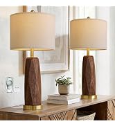 BOBOMOMO 27.5" Table Lamps Set of 2 with USB-A & USB-C Charging Ports, Wood Texture Resin Bedside...