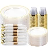 BESTVIP 350PCS Clear Gold Plastic Dinnerware Set, Disposable Party Plates for 50 Guests, Include:...