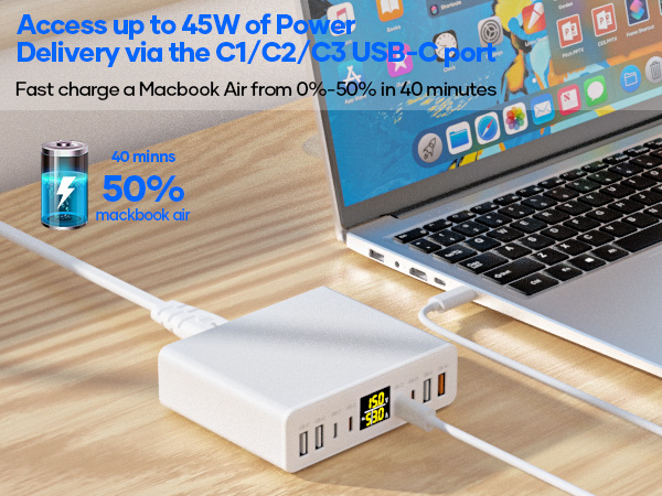 Text reads 'Access up to 45W of Power Delivery via the OTG/PD port'. Series of photos showing laptop charging setup with white cable and power bank against wooden surfaces.