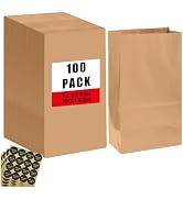 Bakepacker 100 Pcs Brown Treat Paper Bags with 100 Stickers 5.1"x3.1"x9.4" Kraft Small Party Gift...