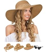 Sun Hats for Women, Wide Brim Floppy Beach Straw Hat for Summer Travel Vacation Foldable with Hea...