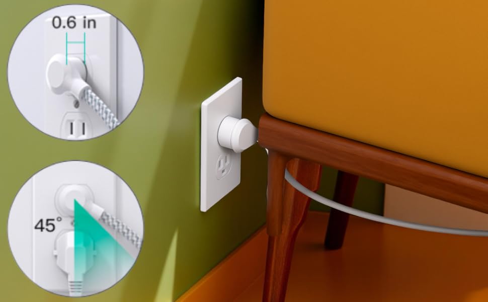 Flat Plug ,0.6 inch slim and 45-degree angled Plug design, Fitting behind a chair to save space.
