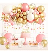 AOBKIAT Pink and Gold Balloons Garland Arch Kit with 38" & 21" Gold Coquette Bow Balloon,142Pcs w...