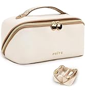 Prite Makeup Bag for Women Travel Waterproof Vegan Leather Cosmetic Bag Open Flat Toiletry Bag Wi...
