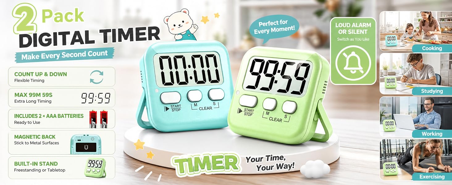 This set includes 2 digital timers with 2 AAA batteries