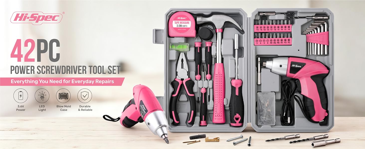 Hi-Spec 4V Pink Electric Ladies Screwdriver Tool Kit Set