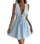 Inroserm Women's Summer Beach Striped Swimsuit Cover Up Vacation Deep V Neck Backless Mini Dress