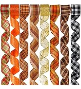 Winlyn 8 Rolls 48 Yards Assorted Fall Wired Ribbons Bulk Autumn Buffalo Check Ribbon Orange Glitt...