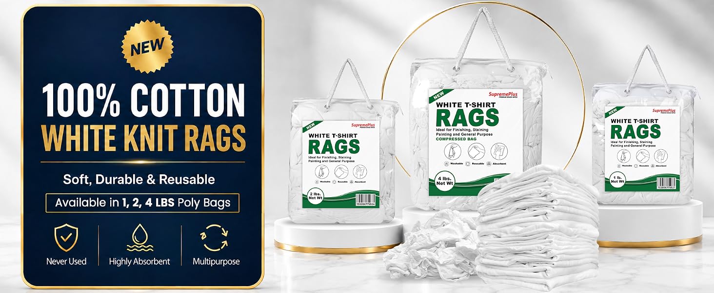 SupremePlus Premium New White Knit Cleaning Rags - Clean Up Oil, Grease, Stain & Paint