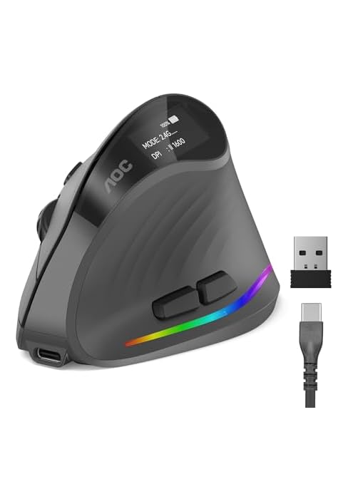 AOC Ergonomic Mouse, 2.4GHz Wireless Bluetooth Vertical Mouse, Rechargeable | 4800 DPI, Right Han...