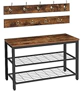 Rustic entryway set: Two wooden coat racks with metal hooks, and a bench with wooden top, black metal frame, and two wire mesh shelves.