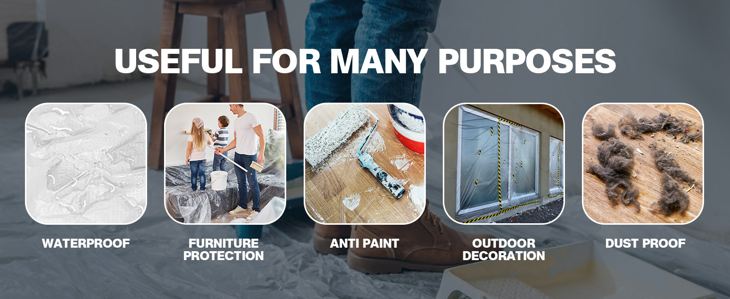 Clear plastic drop cloths protect floors during paint cover plastic projects.