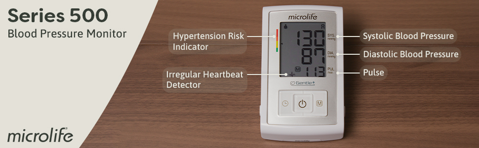 Microlife Series 500 measures blood pressure, hypertension, irregular heartbeat, and pulse