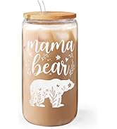 Mom Gifts - Mama Bear 16 Oz Can Glass Tumbler with Bamboo Lid and Straw - Iced Coffee Cups for Wo...