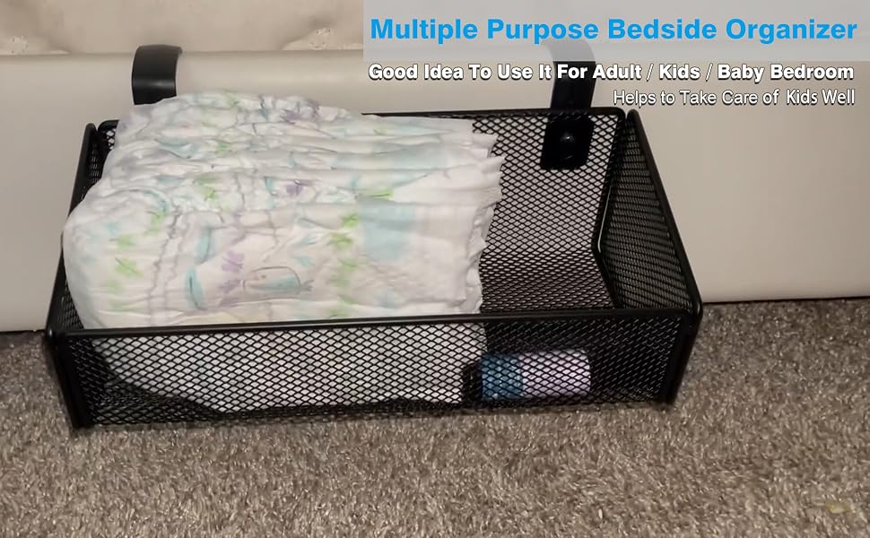 Metal Mesh Hanging Storage Organizer Beside Shelf for Kids Crib Bed