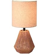 KUNJOULAM Rattan Table Lamp, Small Nightstand Lamp with Linen Fabric Lampshade, Desk Lamp for Liv...