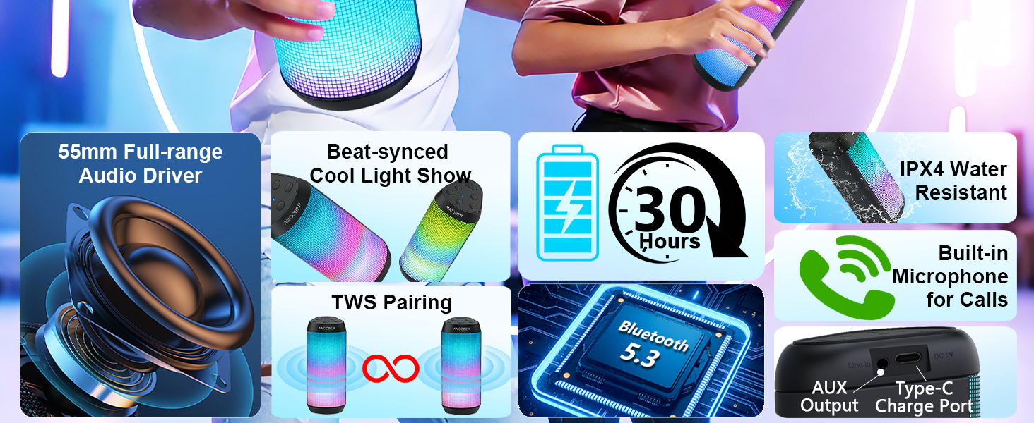 Portable Bluetooth Speaker, loud sound, 30 hours long battery life, BT 5.3, TWS Pairing