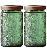 ANSQU Set of 2 Vintage Glass Storage Containers, Green Glass Jars with Solid Wood Lids, 34 FL OZ ...