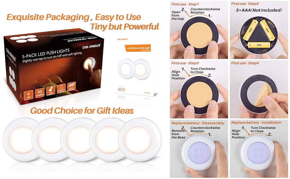 Tap Light, Push Light, STAR-SPANGLED, 4 LED Touch Light, Night Lights, Stick-on Anywhere,Warm White