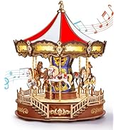Rolife Wooden 3D Puzzles for Adults, DIY Carousel Music Box with Chaser Lights 11.6" Model Buildi...