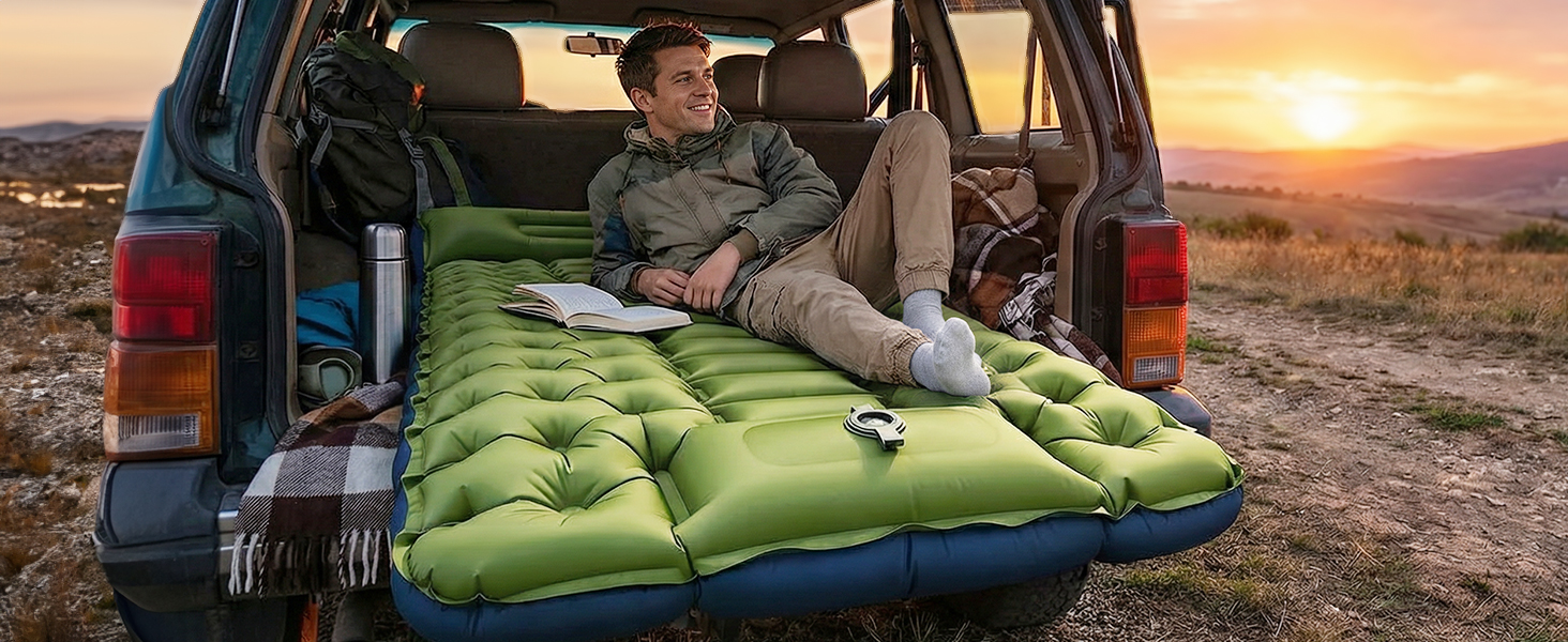 Camping air mattress for car camping, SUV overlanding, vehicle interior fit, portable sleep surface