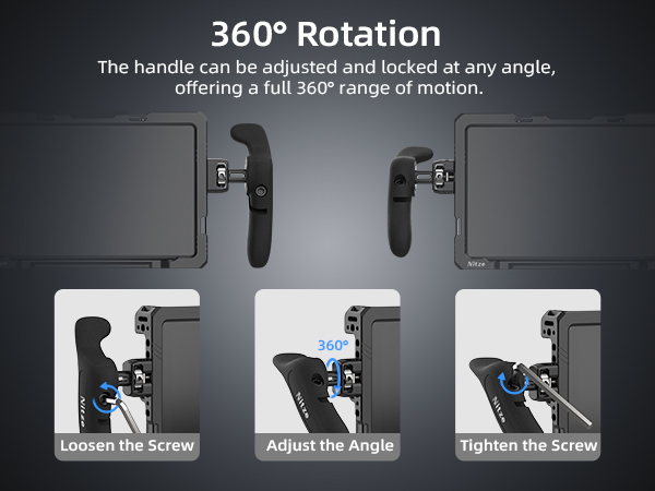 Text reads '360° Rotation. The handle can be adjusted and locked at any angle.' Instructional diagram showing three steps of handle adjustment mechanism.