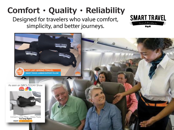 Flight attendant smiling at passengers using SMART TRAVEL lumbar pillow on airplane.
