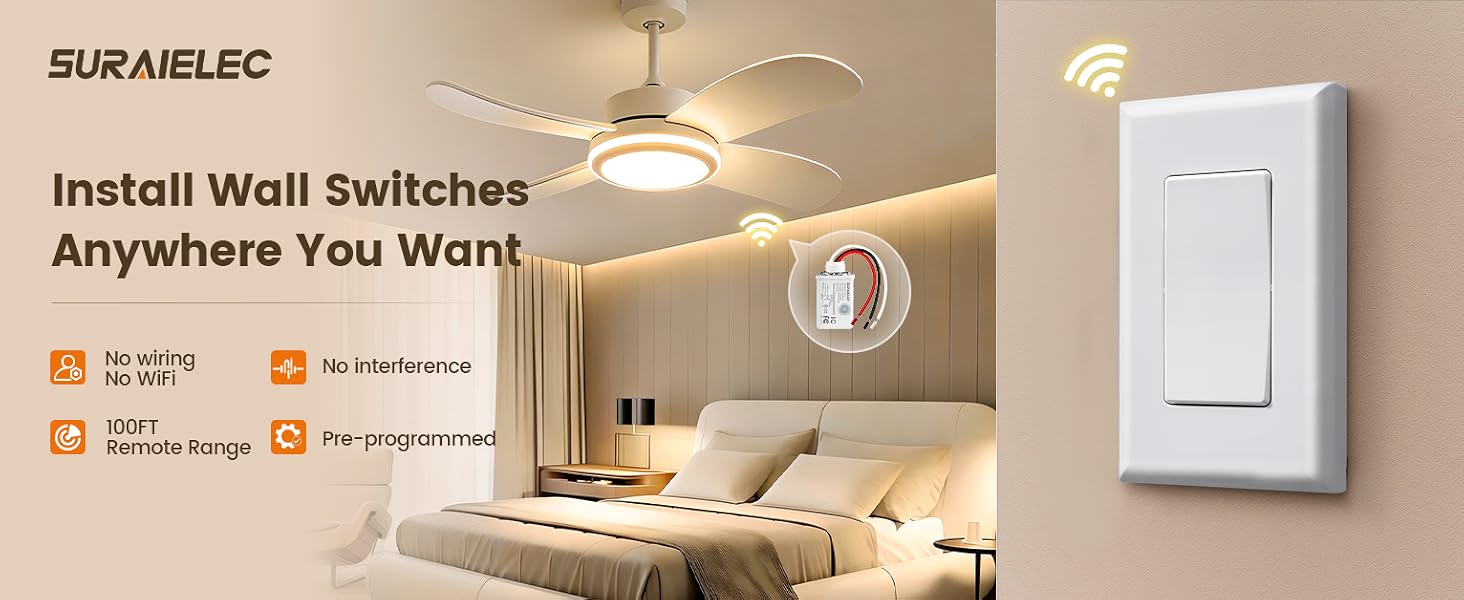 SURAIELEC Wireless Light Switch and Receiver Kit, Decorator Rocker Wall Switch