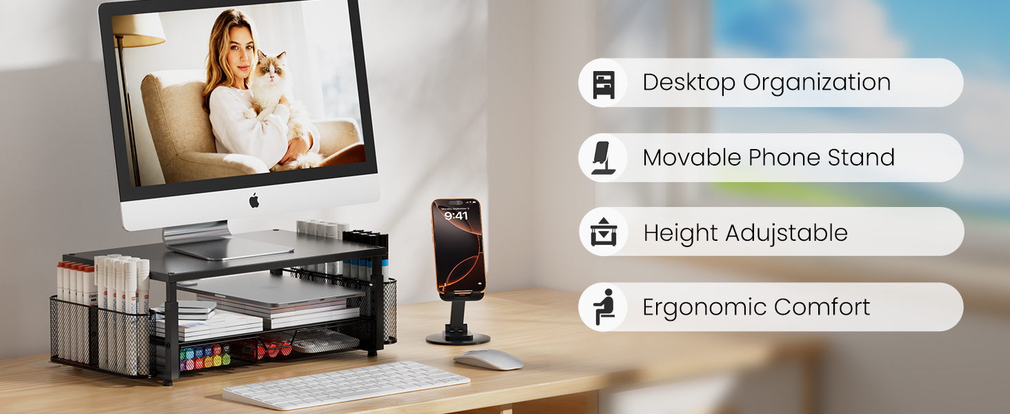 Why choose us?---Height Adujstable,Movable Phone Stand,Organise your desk spac, Ergonomic Comfort