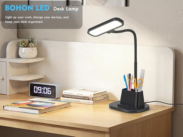 Desk Lamps for Home Office with Pen Holder USB Charging Ports Reading Light LED Table Lamp