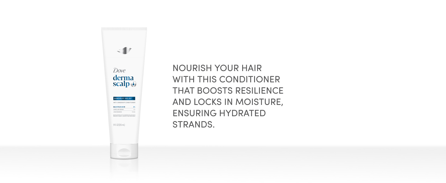 DermaScalp Dandruff Relief Conditioner next to text about boosting resilience & hydration.