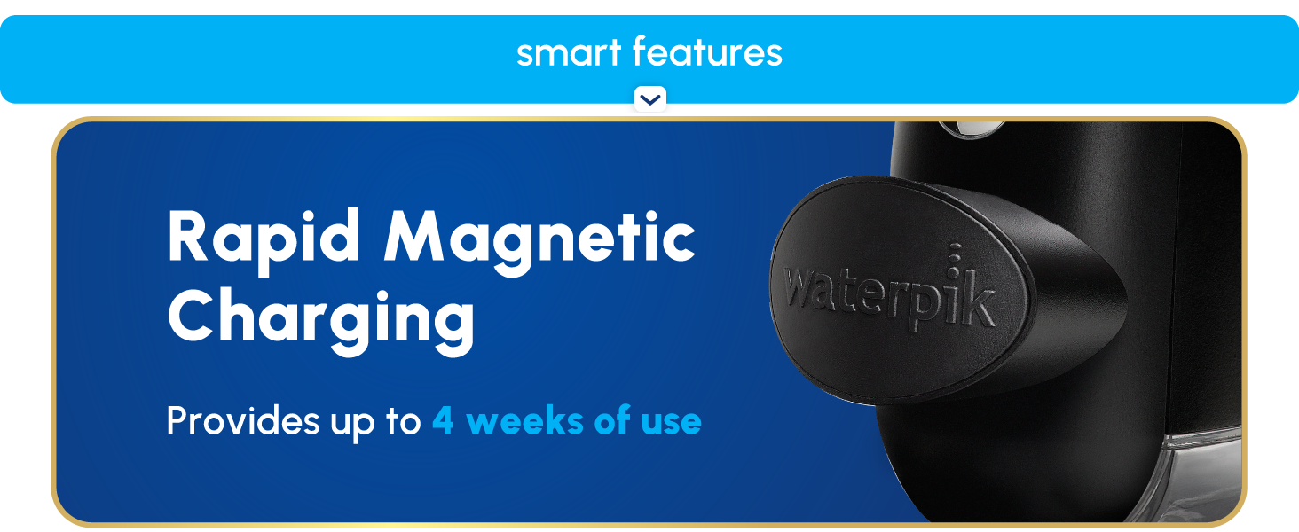 Image of Waterpik Cordless Advanced water flosser charger with text reading rapid magnetic charging.