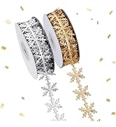 TONIFUL 2 Rolls 5/8 Inch Christmas Ribbons - Gold & Silver Snowflake Trim Ribbons for Christmas T...