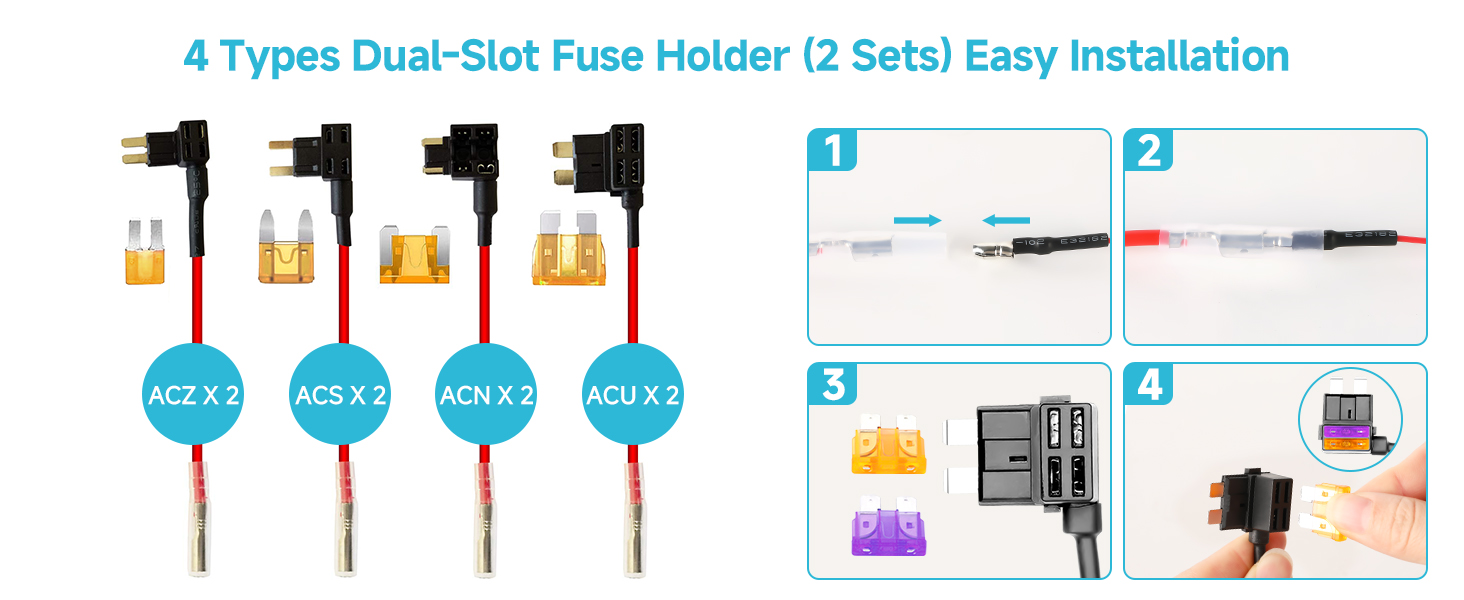 Four types of dual-slot fuse holders with step-by-step installation guide, showing various fuse sizes and installation process.