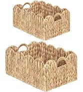 iEGrow Scalloped Wicker Basket, Set of 2 Woven Rattan Natural Water Hyacinth Baskets with Built-i...