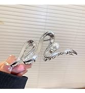 1Pc Silver Metallic Ribbon-Shaped Pearl Metal Hair Claw Clips,Large Hair Claw Nonslip Hair Barret...