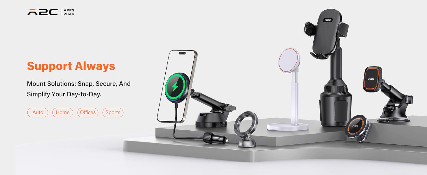 Assortment of phone mounts and holders for various surfaces, including car dashboard, air vent, and desk. Text reads 'Support Always'.