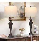 luxeflow 30" Brown Table Lamps Set of 2, 3-Way Touch Control Bedside Lamp with USB A+C Ports and ...