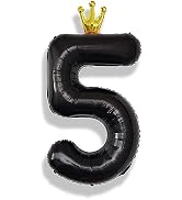 40 Inch Black 5 Number Balloons for Kids, Giant Foil 5th Birthday Number Balloon, Crown Self Infl...