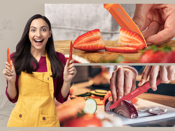 Small paring and utility knives used for slicing strawberries and onions, with happy user
