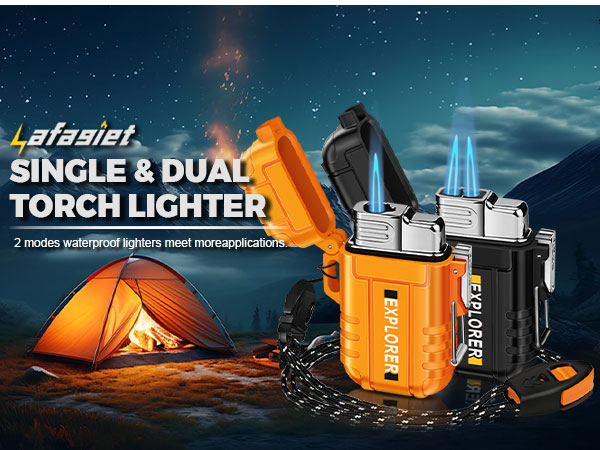 Waterproof torch lighters in orange and black colors, shown against nighttime camping scene with tent. Product features dual-flame capability.