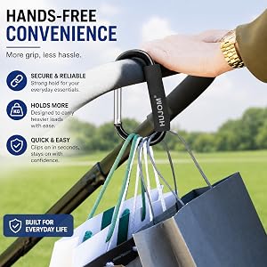 2 pack HUJOM stroller hooks with soft foam grip and strong metal clip for carrying shopping bags