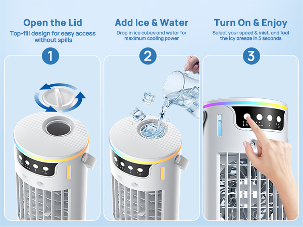 Easy 3-step use for a water air cooler: 1. open lid, 2. add water and ice, 3. power on