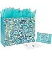 13" Large Rose Green Gift Bag Set with Greeting Card and Tissue Paper for Celebrating Birthdays,W...
