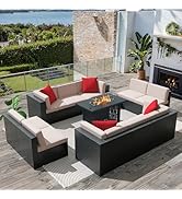 Greesum Patio Furniture Sets 11-Pieces Outdoor PE Rattan Sectional Sofa w/43in Gas Fire Pit Table...