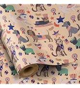 RUSPEPA Dog Wrapping Paper Roll, Mini Roll, American Dogs with Flags Stars Kraft Paper for USA Pa...