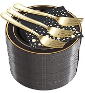 Stylish 7.5 Inch Gold and Black Cake Plates with Disposable Forks and Cocktail Napkins (100 Set o...