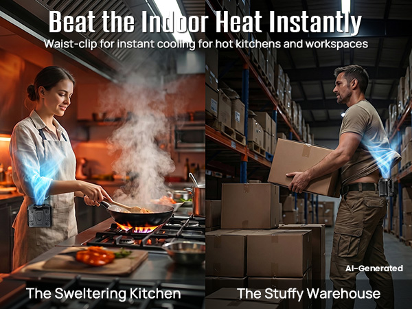 Waist fan gives instant cooling in hot kitchens, warehouses, and indoor workspaces