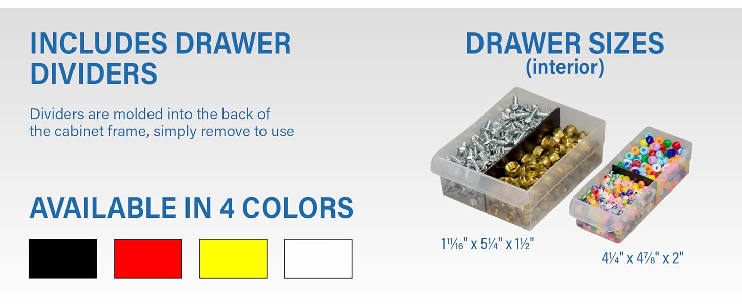Some drawer dividers are included, cabinets available in black, red, yellow, white.